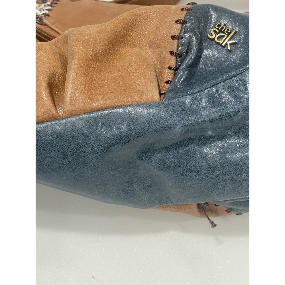 The Sak Leather Embellished‎ Crossbody Hobo Bag Boho Patchwork Blue Brown Y2K - Picture 5 of 10